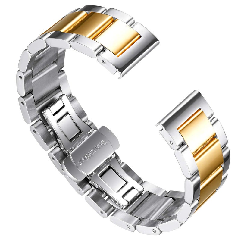 BINLUN Thick Stainless Steel Watch Band Metal Heavy Polished Matte Brushed Finish Watch Strap Replacement for Men Women 16mm/18mm/20mm/21mm/22mm/23mm/24mm/26mm(Polished Silver and Gold,20mm) - Image 2